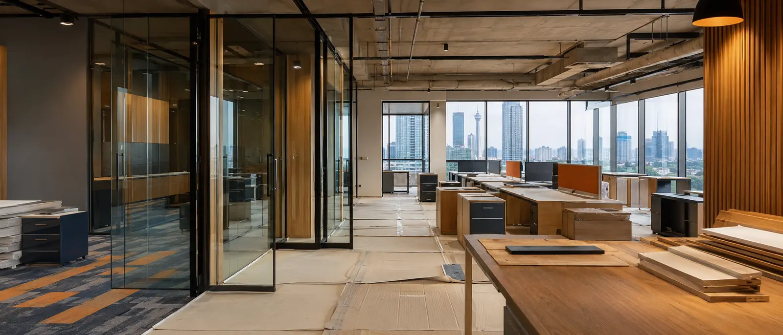 Corporate office renovation in progress with glass partitions