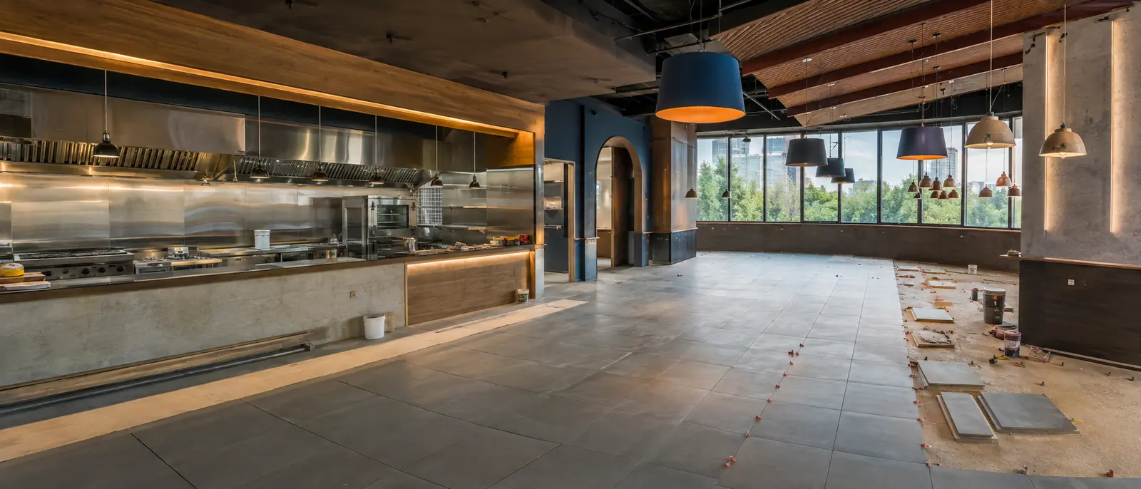 Restaurant kitchen and dining fit-out in progress